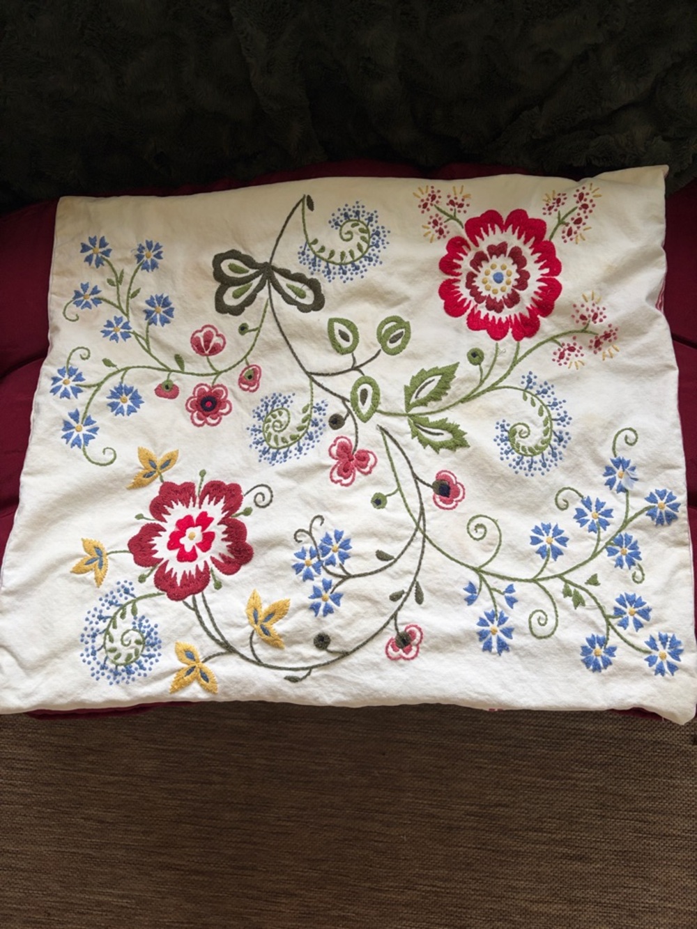 Embroidered Floral Throw Pillow Cover - Red, Blue, Green, Yellow on Cream